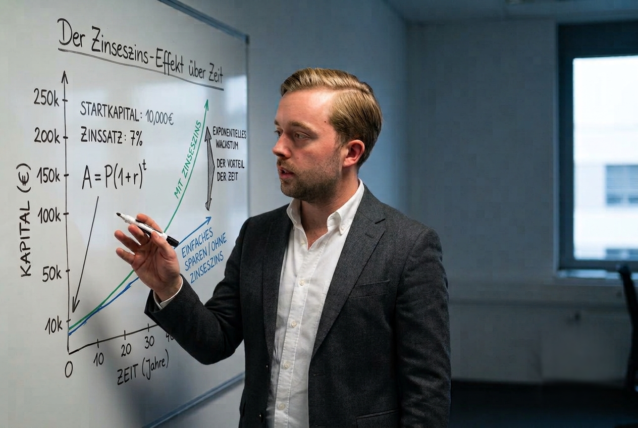 Tim Knäpper erklärt den Zinseszins-Effekt an einem Whiteboard